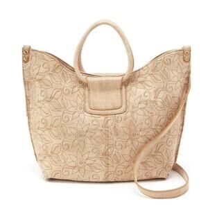 HOBO Sheila Tote Bag Gold Leaf Embroidered Round Handle Top Zip  Crossbody Strap